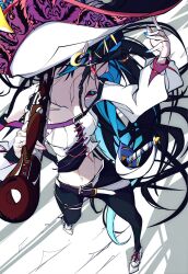 1girl accessories bare_shoulders belt black_hair black_pants blue_hair blue_nails breasts cleavage collarbone cowboy_hat cowgirl_(western) earrings fingernails from_above full_body gun hair_ornament hat high_heels highres holding holding_gun holding_weapon jewelry long_hair looking_at_another masadaora multicolored_hair multicolored_nails nail_polish navel original pants red_nails rifle shadow sheath sheathed shirt sleeveless solo standing strapless strapless_shirt sword tight_clothes tight_pants two-tone_hair weapon white_shirt