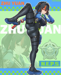 1girl black_bodysuit black_hair bodysuit breasts character_name fat_goose full_body gun handgun highres holding holding_weapon holster large_breasts multicolored_hair police police_uniform policewoman ponytail solo standing standing_on_one_leg streaked_hair uniform weapon zenless_zone_zero zhu_yuan zoom_layer