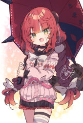 Rule 34 | 1girl, :d, beni shake, black sailor collar, black serafuku, black shirt, black skirt, blush, bow, braid, commentary request, fang, green eyes, hair bow, holding, holding umbrella, long hair, long sleeves, looking at viewer, low twintails, open mouth, pink sweater, pleated skirt, puffy long sleeves, puffy sleeves, red umbrella, sailor collar, school uniform, serafuku, shirt, signature, single thighhigh, skirt, sleeves past wrists, smile, solo, striped clothes, striped thighhighs, sweater, thighhighs, twin braids, twintails, ukinami yuzuha, umbrella, very long hair, white bow, zenless zone zero