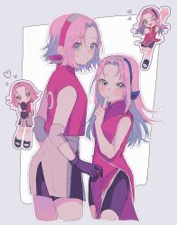 Rule 34 | 2girls, 673 q, :o, absurdres, bare arms, bare shoulders, black gloves, black hairband, black shorts, blue hair, blush, border, brown skirt, character sticker, closed mouth, colored inner hair, commentary, cropped legs, dress, dual persona, flipped hair, from behind, gloves, green eyes, grey border, hairband, haruno sakura, heart, highres, jacket, long hair, looking at viewer, looking back, miniskirt, multicolored hair, multiple girls, naruto (classic), naruto (series), open mouth, outline, outside border, parted bangs, red dress, red hairband, red jacket, short hair, shorts, shorts under skirt, side slit, sidelocks, simple background, skirt, sleeveless, sleeveless dress, sleeveless jacket, symbol-only commentary, two-tone hair, white background, white outline
