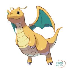 animal_focus antennae bishamon_(usagi_ba) claws closed_mouth colored_skin dragon dragon_horns dragon_wings dragonite flying gen_1_pokemon highres horns nintendo no_humans pokemon pokemon_(creature) pokemon_focus simple_background single_horn smile white_background wings yellow_skin