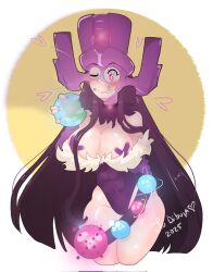 abs arm_behind_back bare_shoulders belt black_hair blush breasts breasts_out censored censored_nipples choker circle convenient_censoring cowboy_shot dibujaliu eating feather_choker feathers food food_in_mouth food_on_face fur_trim galacta happy heart helmet highres holding holding_food holding_planet large_breasts leotard lipstick long_hair long_sleeves looking_at_viewer low_neckline makeup one_eye_closed pink_eyes pink_lips planet signature simple_background smile superhero_costume white_background yellow_background