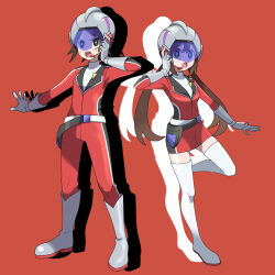 1boy 1girl :o alternate_costume asatsuki_(fgfff) belt boots bright_pupils brown_eyes brown_hair coat commentary_request drop_shadow gloves grey_boots grey_helmet hand_up helmet highres jumpsuit knees leg_up long_hair nate_(pokemon) nintendo open_mouth openmouth outstretched_arm pokemon pokemon_bw2 red_background red_coat red_jumpsuit rosa_(pokemon) scrape shirt spread_fingers standing standing_on_one_leg teeth thigh_boots tongue twintails white_belt white_pupils