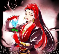 1girl animification black_hair blue_flower brown_eyes commentary_request disneyland dress earrings farja flower formal_clothes gloves jewelry lipstick long_hair long_sleeves makeup red_gloves smile solo tsuntsun_(tuuuuuuntun)