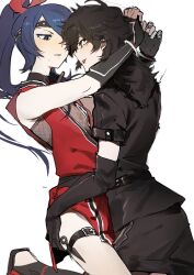 amamiya_ren black_gloves black_hair black_skirt blue_hair blush commentary crossdressing elbow_gloves fishnets from_side gloves hair_over_one_eye hair_ribbon headband highres kitagawa_yuusuke lhm719932121330 lipstick long_hair makeup parted_lips persona persona_5 persona_5:_dancing_star_night persona_dancing ponytail profile red_lips red_ribbon ribbon simple_background skirt sweat symbol-only_commentary thigh_strap trap white_background yaoi