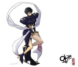 1girl black_eyes black_footwear black_hair black_skirt breasts earrings full_body high_heels highres houshin_engi jewelry juliet_sleeves large_breasts long_sleeves midriff ou_kijin puffy_sleeves short_hair simple_background skirt solo tamtamdi white_background