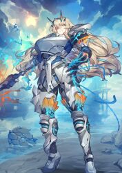 Rule 34 | 1girl, armor, armored boots, asymmetrical gloves, barghest (fate), barghest (first ascension) (fate), black boots, black gauntlets, black pants, blonde hair, blue background, blue eyes, blue fire, blue tunic, boots, breastplate, breasts, chain, closed mouth, expressionless, fairy sword galatine, fate/grand order, fate (series), faulds, fire, flaming sword, flaming weapon, floating hair, full body, game cg, gloves, hair between eyes, hand on own hip, high heels, holding, holding sword, holding weapon, horns, legs apart, long hair, looking at viewer, melon22, mismatched gloves, official art, outstretched arm, pants, pauldrons, shoulder armor, solo, standing, sword, third-party source, tunic, variant set, weapon
