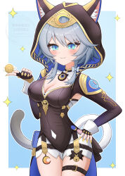 1girl absurdres animal_ear_fluff animal_ears animal_hood belt black_gloves black_leotard blue_background blue_eyes border breasts cat_ears cat_girl cat_hood cat_tail cipher_(honkai:_star_rail) cleavage coin commentary_request cowboy_shot fingerless_gloves gloves gold_coin grey_hair highres holding holding_coin honkai:_star_rail honkai_(series) hood leotard medium_breasts short_hair_with_long_locks short_shorts shorts smile solo tail take_(take96254) thigh_belt thigh_strap thighs white_border white_shorts yellow_nails