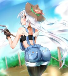 1girl ass back bare_shoulders blush breasts farmer female_focus from_behind gloves hat long_hair looking_back open_mouth original overalls parted_lips pitchfork purple_eyes shiny_skin silver_hair solo strapless thighhighs tube_top very_long_hair