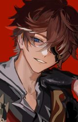 1boy arm_up black_gloves blue_eyes brown_hair chinese_commentary collared_shirt commentary_request genshin_impact gloves hair_between_eyes looking_down male_focus one_eye_covered open_collar palmar_flexion parted_bangs parted_lips portrait red_background shirt short_hair simple_background smile solo tartaglia_(genshin_impact) teeth udgg093577 upper_body