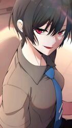 1girl black_hair blush breasts brown_background brown_shirt female_focus looking_at_viewer red_eyes shirt short_hair smile suna_byul tagme webtoon_character_na_kang_lim