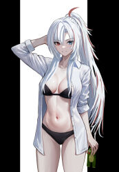 1girl alpha_(pgr) alternate_costume bikini black_background black_bikini black_bra bra breasts commentary commentary_request english_commentary haruyuki_(karem) heterochromia highres long_hair lucia:_crimson_weave_(pgr) mixed-language_commentary mole mole_on_breast navel ponytail punishing:_gray_raven shirt simple_background solo stuffed_toy swimsuit toy underwear white_background white_hair white_shirt