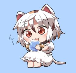 Rule 34 | 1girl, :3, animal ears, barefoot, bell, blush, calico (pattern), cat ears, cat girl, cat tail, chibi, chibi only, closed mouth, commentary request, cup, drinking, drinking glass, full body, goutokuji mike, holding, holding cup, jingle bell, multicolored hair, neck bell, red eyes, rokugou daisuke, shirt, short sleeves, signature, simple background, sitting, skirt, skirt set, solo, streaked hair, tail, tongue, tongue out, touhou, water, white hair, white shirt, white skirt