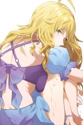 1girl absurdres ahoge back blonde_hair breasts from_behind green_eyes highres hoshii_miki idolmaster idolmaster_(classic) katsu_(kana) long_hair looking_at_viewer looking_back shoulder_blades simple_background sitting solo sweat white_background