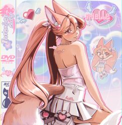 1girl animal_ear_fluff animal_ears arielle_(cudlil) back_tattoo bare_shoulders blush boots character_name chibi chibi_inset commentary cudlil english_commentary fox_ears fox_girl fox_tail grey_boots grey_skirt hair_between_eyes heart highres jewelry kneeling looking_at_viewer necklace original parted_lips pearl_necklace pink_eyes pink_lips pink_tube_top skirt smile strapless tail tattoo tube_top y2k_fashion