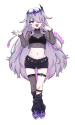 1girl absurdres alternate_costume belt black_belt black_leg_warmers black_shoes black_thighhighs crop_top full_body gem gradient_hair grey_hair hair_over_one_eye headpiece highres hololive hololive_english inverted_cross_necklace jewel_under_eye koseki_bijou leg_warmers multicolored_hair navel open_mouth pink_hair purple_gemstone see-through_clothes see-through_shirt shirt shoes short_shorts shorts simple_background single_thighhigh solo standing thigh_strap thighhighs victarionsc virtual_youtuber white_background