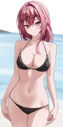 1girl absurdres alternate_costume arm_at_side beach bikini black_bikini blush breasts collarbone cowboy_shot eyewear_on_head glasses highres keystone_(costone) long_hair looking_at_viewer medium_breasts navel outdoors red_eyes red_hair semi-rimless_eyewear solo stomach swimsuit thigh_gap tsukishiro_yanagi under-rim_eyewear zenless_zone_zero