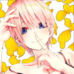 1girl absurdres blue_eyes breasts cleavage closed_mouth collarbone commentary counting earrings finger_to_mouth go-toubun_no_hanayome hand_on_own_hip hand_up hands_up highres index_finger_raised jewelry leaf looking_at_viewer mochimentai nakano_ichika pink_hair portrait shushing solo spaghetti_strap