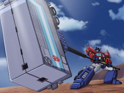 Rule 34 | 1boy, autobot, blue eyes, blue sky, canni can, commentary, day, english commentary, hammer, highres, holding, holding weapon, humanoid robot, insignia, machine, machinery, no humans, optimus prime, outdoors, robot, sky, smokestack, solo, trailer, transformers, weapon, wheel