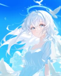 1girl absurdres angel artist_name bird blue_eyes blue_halo blue_sky closed_mouth cloud cloudy_sky collarbone commentary_request dated day dress feathered_wings floating_hair flying grey_hair hair_between_eyes halo highres long_hair looking_at_viewer original outdoors puffy_short_sleeves puffy_sleeves seagull short_sleeves sky solo standing sundress taigaphan white_dress white_hair wings