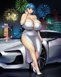1girl absurdres blue_hair blush breasts car cityscape cleavage cocktail_dress collarbone curvy dress earrings erkaz evening_gown fireworks full_body hairband high_heels highres hip_vent huge_breasts jewelry looking_at_viewer motor_vehicle new_year night original parted_lips red_eyes rina_atherina short_hair smile solo sports_car standing thick_thighs thighs veins veiny_breasts wide_hips