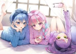 Rule 34 | 3girls, absurdres, ahoge, bed sheet, blue eyes, blue hair, blue pajamas, blush, braid, breasts, cellphone, commentary request, curtains, green eyes, hair between eyes, hair ornament, highres, holding, holding phone, hololive, hoshimachi suisei, indoors, izumi kei, long hair, lying, minato aqua, multicolored hair, multiple girls, on back, on bed, on stomach, open mouth, pajamas, phone, pink hair, pink pajamas, purple eyes, purple hair, purple pajamas, smartphone, star (symbol), star in eye, streaked hair, symbol in eye, tokoyami towa, two-tone hair, virtual youtuber, window