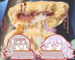 2girls absurdres arrow_(symbol) azur_lane blunt_bangs blush brown_eyes chibi closed_eyes eating food food_on_face food_request graf_zeppelin_(azur_lane) grey_hair hair_between_eyes headpiece highres holding holding_food kotatsu kurukurumagical long_hair multiple_girls table translation_request very_long_hair z46_(azur_lane)