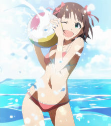 Rule 34 | amami haruka, ball, beachball, bikini, brown hair, green eyes, hair ribbon, highres, idolmaster, idolmaster (classic), ocean, one eye closed, ribbon, short hair, splashing, stitched, swimsuit, third-party edit, wink