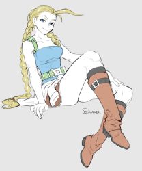 Rule 34 | 1girl, alternate costume, antenna hair, arm support, artist name, bare arms, bare legs, belt, belt buckle, blue eyes, blue tube top, boots, braid, breasts, brown boots, buckle, cammy white, capcom, closed mouth, clothes around waist, clothes lift, collarbone, company connection, cosplay, costume switch, female focus, full body, grey background, hand on own leg, highres, jill valentine, jill valentine (cosplay), knee up, legs, long hair, looking at viewer, lying, medium breasts, miniskirt, neck, pencil skirt, resident evil, resident evil 3: nemesis, scar, simple background, sitting, skirt, skirt lift, smile, solo, strapless, street fighter, street fighter ii, sweater, sweater around waist, tombsakura, tube top, twin braids