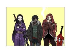 Rule 34 | 1boy, 2girls, artist request, bad link, bead necklace, beads, black hair, cigarette, clothes writing, coat, crossed arms, denim, e.g.o (project moon), facial hair, fur-trimmed jacket, fur trim, gebura (project moon), gradient hair, hair over one eye, hands in pockets, heterochromia, iori (project moon), jacket, jeans, jewelry, library of ruina, long hair, mimicry (e.g.o), multicolored hair, multiple girls, necklace, pants, pete (project moon), project moon, purple coat, purple eyes, purple hair, red coat, red hair, scabbard, sheath, sheathed, smirk, smoke, smoking, stubble, sweat, sword, sword on back, very long hair, weapon, weapon on back, wrinkled skin