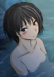 1girl amagami areola_slip bathing black_hair blush brown_eyes completely_nude female_focus flat_chest murasaki_iro nanasaki_ai nude onsen short_hair solo tan tanline water
