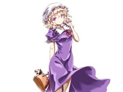 1girl arm_behind_back bag blonde_hair breasts character_charm charm_(object) chinese_commentary closed_mouth commentary_request cowboy_shot dress findzhenxin holding holding_bag long_dress looking_at_viewer maribel_hearn medium_breasts medium_hair neck_ribbon puffy_short_sleeves puffy_sleeves purple_dress purple_eyes red_ribbon ribbon short_sleeves simple_background smile solo touhou transparent_background usami_renko