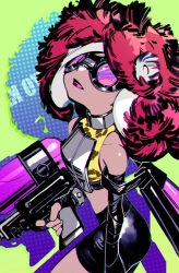 1girl animal_print armor bare_shoulders bike_shorts black_gloves black_shorts breastplate choker chromatic_aberration closed_mouth crop_top dark-skinned_female dark_skin elbow_gloves fuzzy_octoling gloves goggles grey_choker highres holding holding_weapon ink_tank_(splatoon) leopard_print medium_hair midriff nintendo octo_shot_(splatoon) official_alternate_costume parted_bangs pink_lips red_hair romaji_commentary shirt shorts solo splatoon_(series) splatoon_3 takozonesu taroji tentacle_hair weapon yellow_shirt