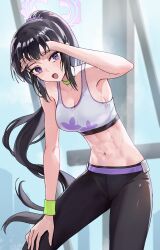 1girl abs absurdres blue_archive breasts choker cleavage commentary_request green_choker hair_ornament hair_scrunchie halo hand_on_own_forehead hand_on_own_thigh highres long_hair looking_at_viewer medium_breasts muscular muscular_female navel noomaru_(nomorepeople) open_mouth pants purple_halo scrunchie solo sports_bra sumire_(blue_archive) sweat very_long_hair white_sports_bra wristband yoga_pants