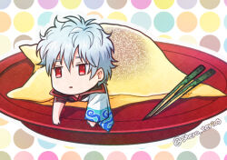 1boy black_shirt chibi chopsticks food food_request gintama grey_hair hadanugi_dousa hair_between_eyes in_food japanese_clothes jitome kimono long_sleeves male_focus multicolored_polka_dots open_kimono outline polka_dot polka_dot_background red_eyes ribbon-trimmed_sleeves ribbon_trim sakata_gintoki shirt short_sleeves sleeves_past_wrists solo tsurumura_ichiru twitter_username white_kimono white_outline wide_sleeves