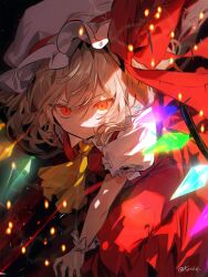 1girl absurdres ascot blonde_hair closed_mouth cowboy_shot flandre_scarlet glowing glowing_wings hat hat_ribbon highres koshka_pic looking_at_viewer mob_cap multicolored_wings puffy_short_sleeves puffy_sleeves red_background red_eyes red_ribbon red_skirt red_vest ribbon shirt short_sleeves skirt solo touhou twitter_username vest white_hat white_shirt wings wrist_cuffs yellow_ascot