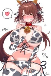 1girl absurdres animal_ears animal_print artist_name bell bikini blush breasts brown_hair closed_mouth collar commentary_request cow_ears cow_print cow_print_bikini cow_print_thighhighs cowbell dantsu_flame_(umamusume) ear_covers fake_animal_ears heart highres horse_ears horse_girl horse_tail huge_breasts looking_at_viewer multicolored_hair navel neck_bell print_bikini print_thighhighs red_collar side-tie_bikini_bottom smile solo spoken_heart swimsuit tail takatu_nanto thighhighs two-tone_hair umamusume white_bikini white_hair white_thighhighs yellow_eyes