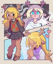 animal_ears antlers blonde_hair brown_fur buck_teeth castussan checkered_sweater_vest deer_antlers deer_ears deer_girl deer_tail deltarune flying_sweatdrops furry furry_female heart highres hooves horns music noelle_holiday noelle_holiday_(dark_world) own_hands_together pleated_skirt reindeer_girl robe singing skirt tail teeth two-tone_sweater_vest weird_route_(deltarune) white_robe