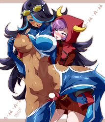 2girls black_hair blush breasts commission courtney_(pokemon) dark-skinned_female dark_skin femdom fingering gloves grabbing_another&#039;s_breast grabbing_from_behind groping hood horned_hood horns long_hair mochimako_(mushikera_hoi2) multicolored_hair multiple_girls nintendo nipples pokemon pokemon_oras purple_eyes purple_hair red_gloves shelly_(pokemon) skeb_commission streaked_hair yuri