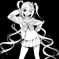 Rule 34 | 1girl, blush stickers, bow, bowtie, chouzetsusaikawa tenshi-chan, double helix, feet out of frame, greyscale, hair bow, hand on own hip, hand up, jihecchi, legs apart, long sleeves, looking at viewer, miniskirt, monochrome, multiple hair bows, needy girl overdose, one eye closed, open mouth, pleated skirt, quad tails, school uniform, serafuku, shirt, simple background, single blush sticker, skirt, smile, solo, standing, v, v over eye, zipper