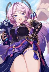 1girl absurdres blue_eyes blue_sky bracelet breasts citlali_(genshin_impact) cloud cloudy_sky commentary_request cowboy_shot day detached_sleeves dress feathers genshin_impact gold_armlet gold_bracelet hair_ornament hand_on_own_hip highres holding holding_pillow itzpapa_(genshin_impact) jewelry loincloth long_hair looking_at_viewer medium_breasts multicolored_feathers neneneneko open_mouth outdoors pillow pink_feathers pink_hair pink_pupils purple_feathers purple_nails purple_shirt shirt sidelocks single_detached_sleeve sky sleeveless sleeveless_dress solo standing thighs vision_(genshin_impact)