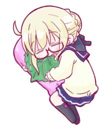 1girl artoria_pendragon_(fate) black-framed_eyewear black_socks blonde_hair blue_sailor_collar blue_skirt blush braid brown_sweater chibi closed_eyes commentary_request fate/grand_order fate_(series) food full_body glasses hair_bun kasuga_yuuki kneehighs mochi mysterious_heroine_x_alter_(fate) no_shoes open_mouth pleated_skirt sailor_collar sakura_mochi school_uniform semi-rimless_eyewear serafuku simple_background skirt socks solo sweater under-rim_eyewear wagashi white_background