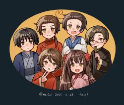 Rule 34 | 1girl, 5boys, ahoge, artist name, axis powers hetalia, belt, black belt, black hair, black shirt, blue bow, blue vest, blush, border, bow, brown-framed eyewear, brown eyes, brown hair, changpao, china (hetalia), chinese clothes, closed mouth, commentary request, dated, flower, frills, glasses, green border, grey kimono, hair between eyes, hair flower, hair ornament, half-closed eyes, hanbok, hand fan, hand up, haori, holding, holding fan, hong kong (hetalia), japan (hetalia), japanese clothes, kimono, korea (hetalia), korean clothes, long hair, long sleeves, longpao, looking at viewer, low ponytail, macau (hetalia), mai0ni, mandarin collar, multiple boys, open clothes, open mouth, orange background, pink shirt, ponytail, red flower, red shirt, semi-rimless eyewear, shirt, short hair, sidelocks, simple background, smile, taiwan (hetalia), upper body, v, vest, white hanbok, wide sleeves, yellow eyes, yukata