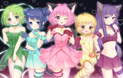 00s 5girls aizawa_mint animal_ears arm_garter bell blonde_hair blouse blue_hair bow breasts cat_ears cat_tail choker double_bun fingerless_gloves fong_pudding frilled_thigh_strap fujiwara_zakuro gloves green_shirt hair_bun jewelry jingle_bell leotard long_hair magical_girl medium_breasts mew_ichigo mew_lettuce mew_mint mew_pudding mew_zakuro midorikawa_lettuce midriff momomiya_ichigo monkey_ears multiple_girls noda_shuha open_mouth orange_gloves pink_eyes pink_hair purple_eyes purple_hair red_gloves shirt short_hair shorts small_breasts smile strapless tail tail_bell tail_bow tail_ornament thigh_strap tokyo_mew_mew tube_top wings wolf_ears wolf_tail