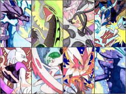 arm_blade aura back beak bird black_sclera blaziken blue_eyes blue_fire bright_pupils charizard claws colored_sclera dragon energy energy_ball feathers fighting_stance fire furry futakuchi-onna gallade garchomp gen_1_pokemon gen_3_pokemon gen_4_pokemon highres legendary_pokemon lucario mawile mega_blaziken mega_charizard_x mega_gallade mega_garchomp mega_lucario mega_mawile mega_mewtwo_x mega_pokemon mega_rayquaza mewtwo nintendo open_mouth pink_eyes pokemon pokemon_(creature) rayquaza red_eyes serious shark sharp_teeth spikes teeth weapon white_pupils yellow_sclera