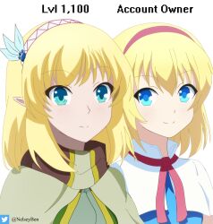 2girls alice_margatroid blonde_hair blue_dress blue_eyes blush bnelsey bow breasts cape capelet dress elf feather_hair_ornament feathers hair_ornament hairband highres leadale_no_daichi_nite long_hair long_sleeves looking_at_viewer medium_hair multiple_girls pointy_ears short_hair sidelocks smile touhou