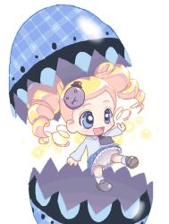 1girl black_necktie black_skirt blonde_hair blue_eyes blue_shirt blush braid broken_egg cartoon_network character_hair_ornament chibi drill_hair egg eggshell floating goutokuji_miyako grey_shoes hair_ornament k-nattoh light_particles long_hair long_sleeves mini_person minigirl necktie octi open_mouth panties plaid_clothes plaid_skirt powerpuff_girls powerpuff_girls_z school_uniform shirt shoes shugo_chara! skirt smile socks twin_braids underwear white_background white_panties white_socks