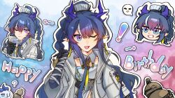 ! 1girl ;d ? arknights blue_eyes blue_hair bolo_tie chibi chinese_commentary choko_(cup) colored_extremities commentary_request cup dragon_bubble_(arknights) dragon_girl dragon_horns drink earrings gourd grey_jacket grin happy_birthday highres holding holding_drink horns jacket jewelry ling_(arknights) long_hair looking_at_viewer multicolored_hair multiple_views one_eye_closed open_mouth outline pink_hair pointy_ears smile streaked_hair white_hair white_outline zhu_zhi_jun