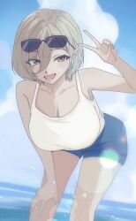 1girl blue_sky breasts brown_eyes brown_hair cleavage cloud day eyewear_on_head girls_band_cry hand_on_own_knee highres large_breasts leaning_forward looking_at_viewer mole mole_under_eye n_nai_nai_n ocean open_mouth outdoors rupa_(girls_band_cry) short_hair shorts sky smile solo sunglasses tank_top v