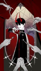 1boy :d ambiguous_red_liquid benkdjjituibot black_hair black_shirt border cape cup curtains demon_horns double-parted_bangs drinking_glass fingernails fork hair_between_eyes highres holding holding_fork holding_knife horns index_finger_raised kim_dokja knife long_fingers looking_at_viewer moon_phases official_alternate_costume omniscient_reader&#039;s_viewpoint open_mouth ornate_border out_of_frame people praying reaching reaching_towards_another red_cape rope sharp_fingernails shirt short_hair smile sparkle spilling too_many_hands wide_sleeves wine_glass